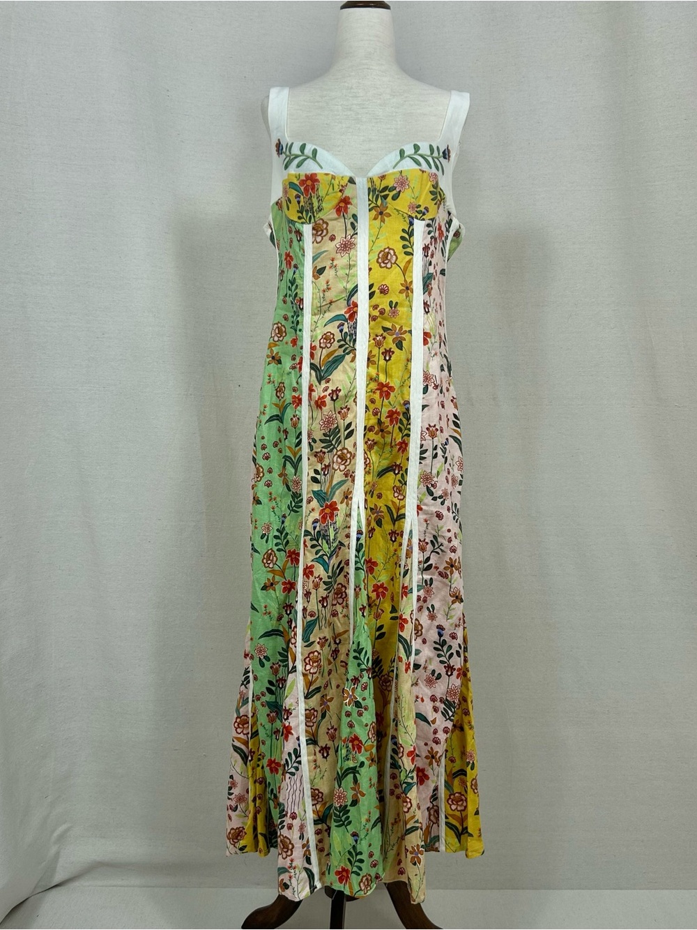 Christian Lacroix Floral Panel Linen Maxi Dress in Green, Yellow & Pink Size 10